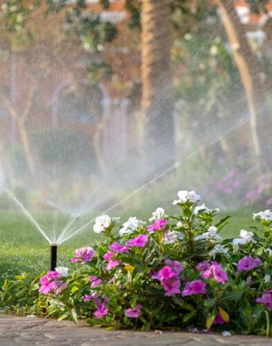 Plastic sprinkler irrigating flower bed on grass lawn with water in summer garden. Watering green vegetation duging dry season for maintaining it fresh.