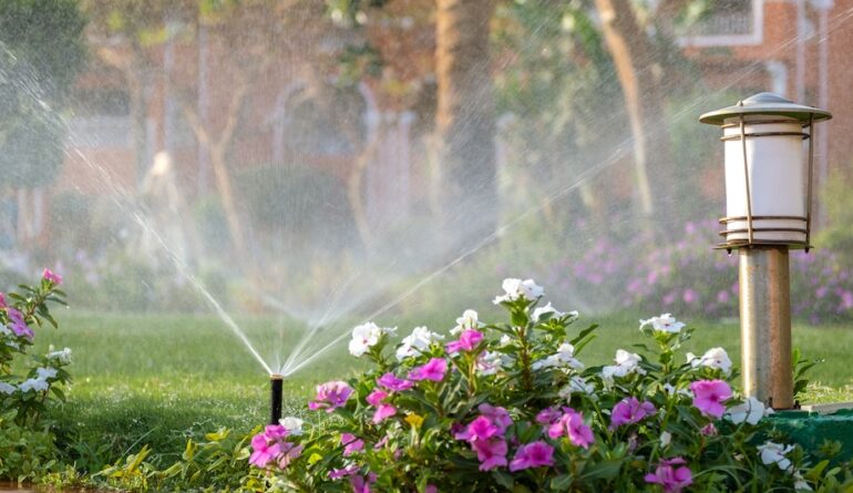Plastic sprinkler irrigating flower bed on grass lawn with water in summer garden. Watering green vegetation duging dry season for maintaining it fresh.