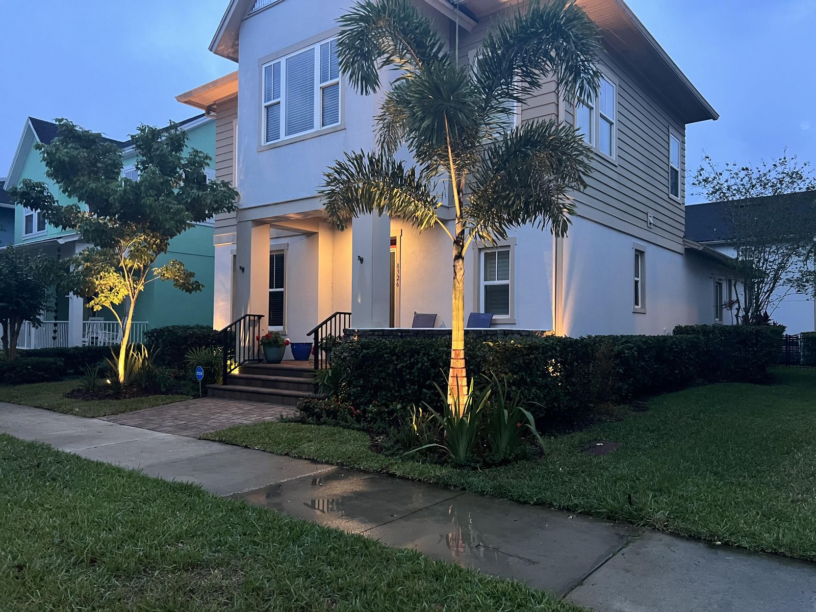 Landscape uplighting on palms at dusk in Orlando FL