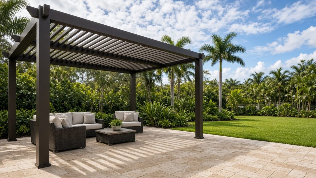 Dark bronze louvered aluminum pergola over a travertine patio with outdoor seating and palm trees