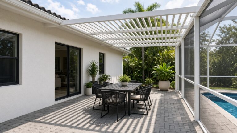 White aluminum pergola attached to a stucco home beside a screened pool, with a patio dining set