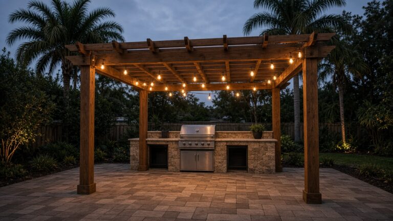 Cedar pergola with string lights over an outdoor kitchen and paver patio at dusk