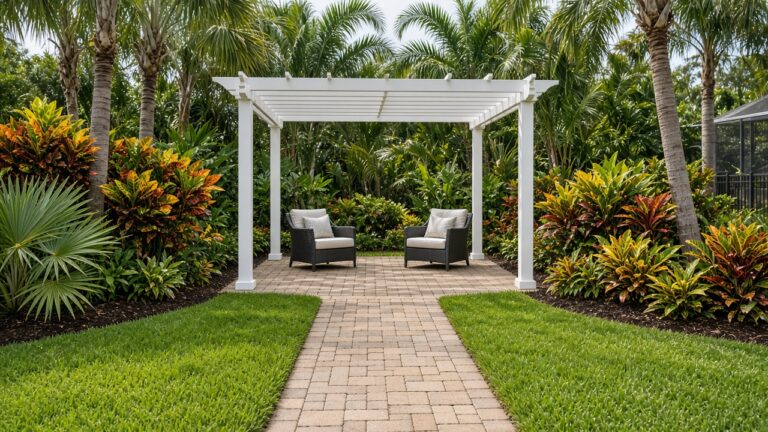 White freestanding pergola at the end of a paver walkway in a tropical yard