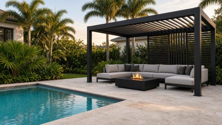 Black aluminum pergola with an outdoor sofa and fire table beside a pool